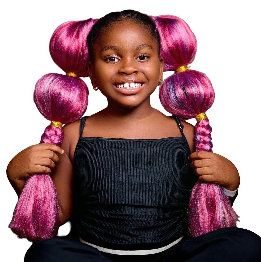 Girl wearing pink bubble ponytails finished with beads