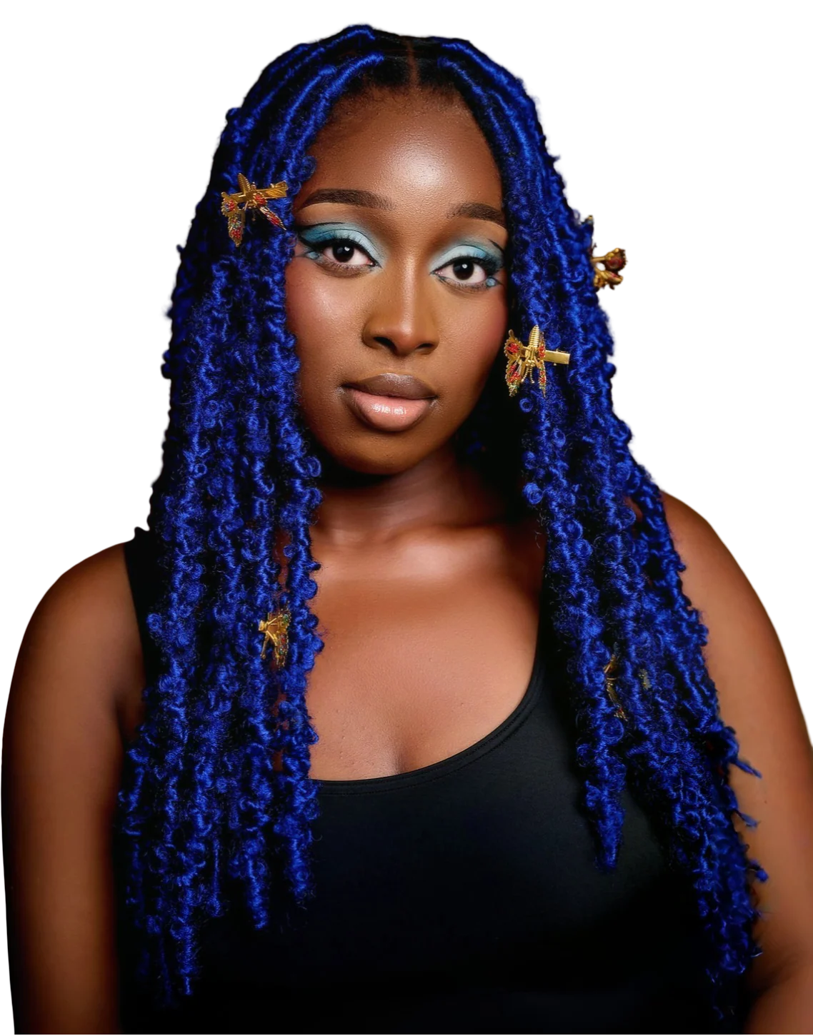 Model wearing shoulder-length royal blue braids