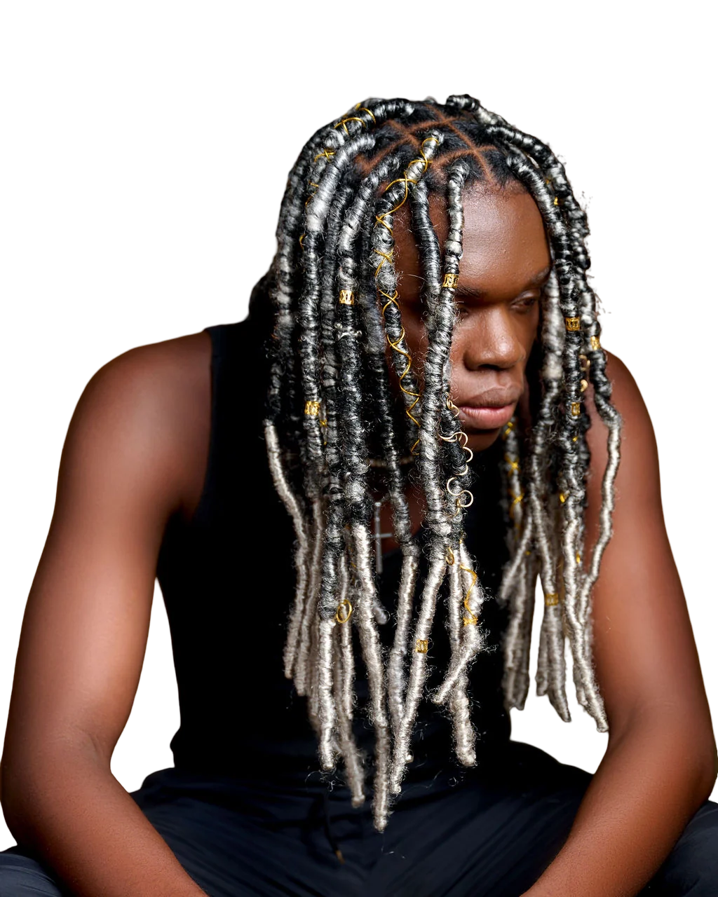 Model in long platinum blonde braids