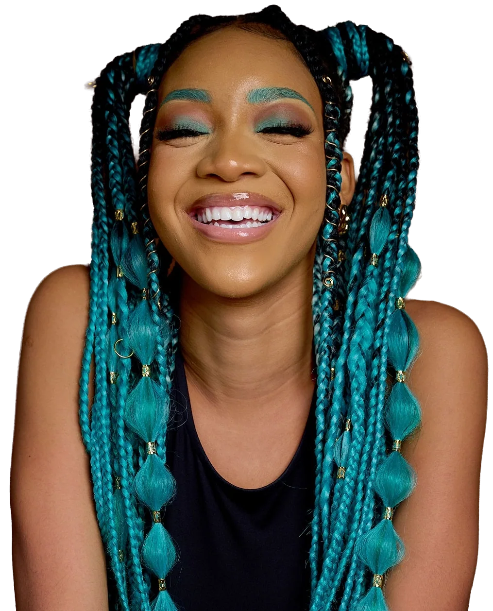 Model smiling in floor-length turquoise knotless braids